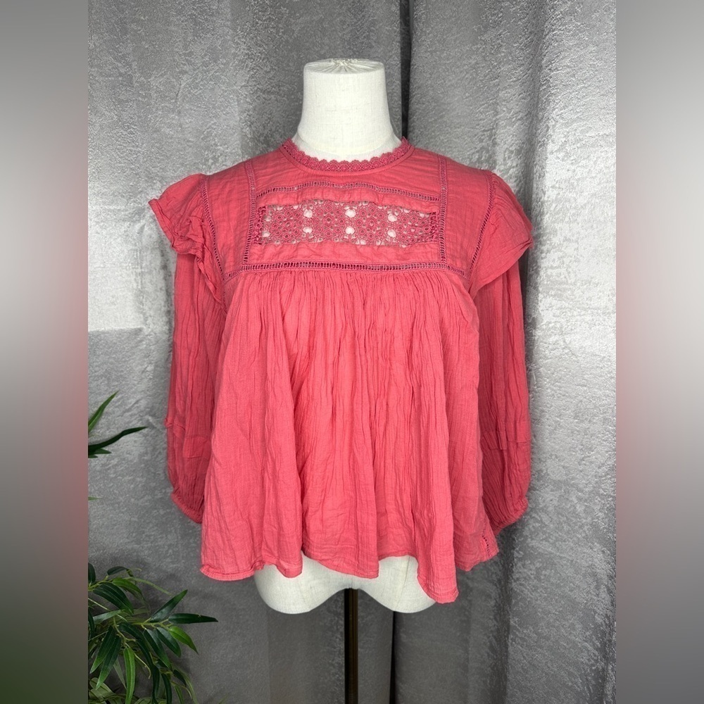 Free People Women’s Boho Flora Ruffle Oversized Crochet Top Salmon Pink Sz M - Picture 3 of 13